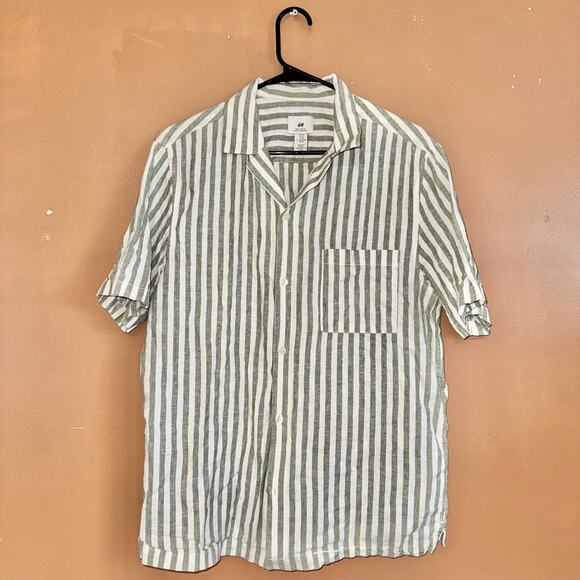 H&M Men's Linen Blend Short Sleeve Button Down T-Shirt Tee Green White - Medium - Picture 4 of 9